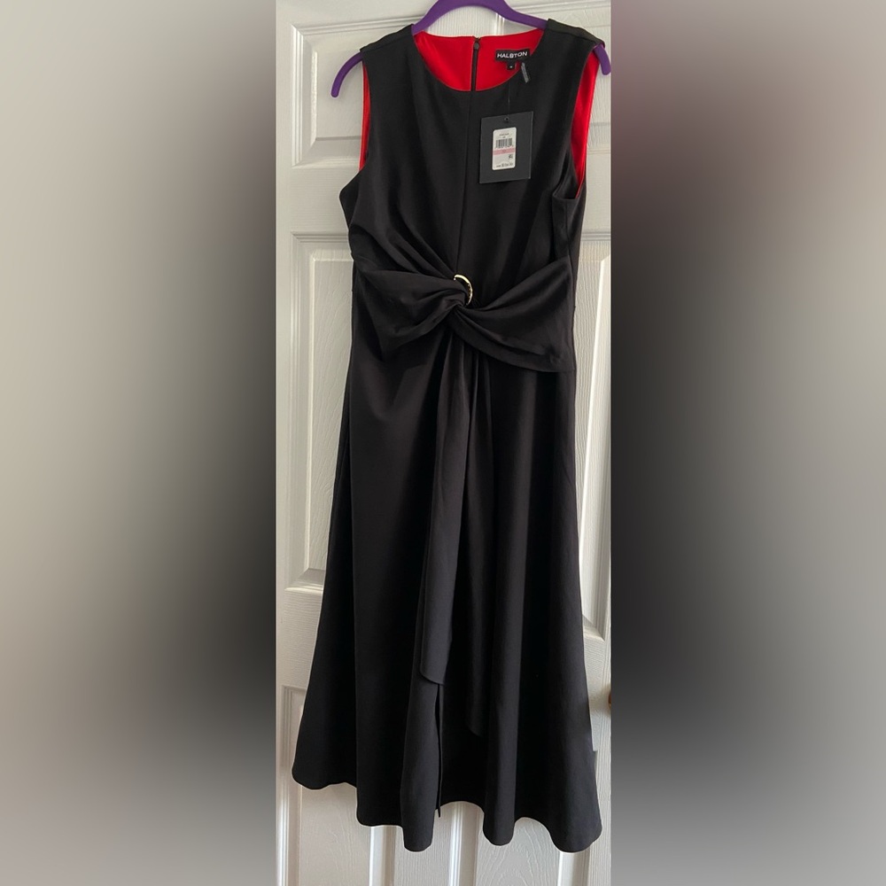 Halston black/red Women's dress with gold belt buckle accent